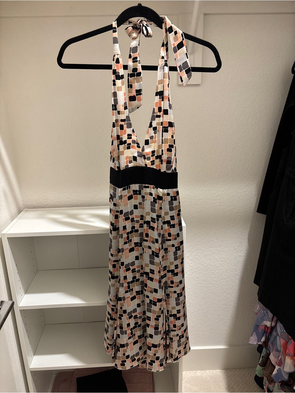 Kaya Di Koko One-Shoulder Geometric Halter Dress in Cream, Peach & Black